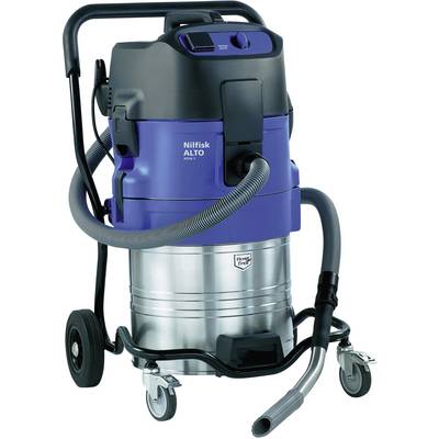 Industrial wet and dry vacuum cleaner with robust metal housing, large wheels, and a long suction hose for heavy-duty cleaning tasks.