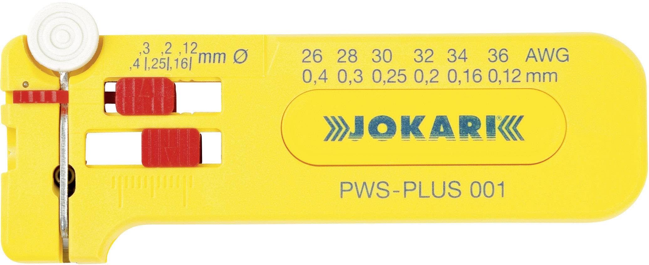 Yellow wire stripping tool by Jokari, model PWS-PLUS 001, with scales for AWG and millimetre sizes.