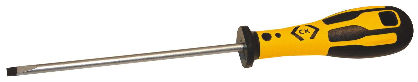 Large yellow and black flathead screwdriver with an ergonomic handle, lying horizontally on a white background.