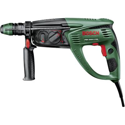 A green and black Bosch rotary hammer PBH 3000-2 FRE with a red switch and mode settings, side handle.