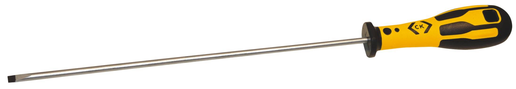 A yellow and black flat-head screwdriver with a long handle lies horizontally.