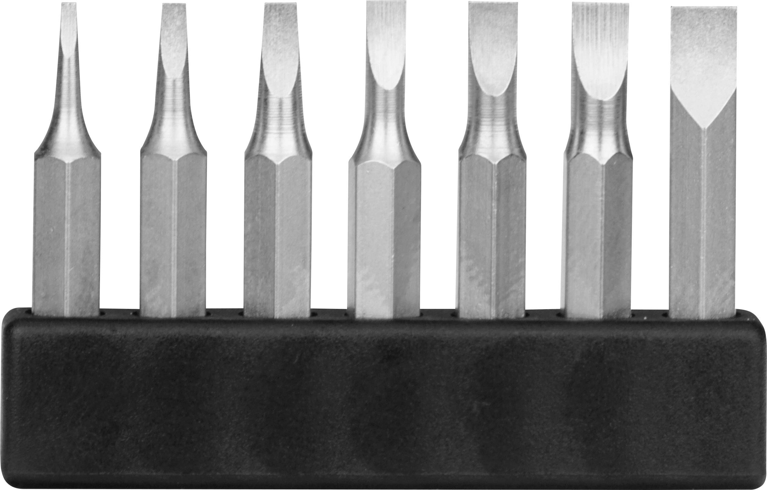 'Set of eight screwdriver bits in a black holder, comprising different shapes and sizes for versatile use.'