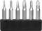 Six different screwdriver bits in a black holder, from left to right: flathead, Phillips, Torx.