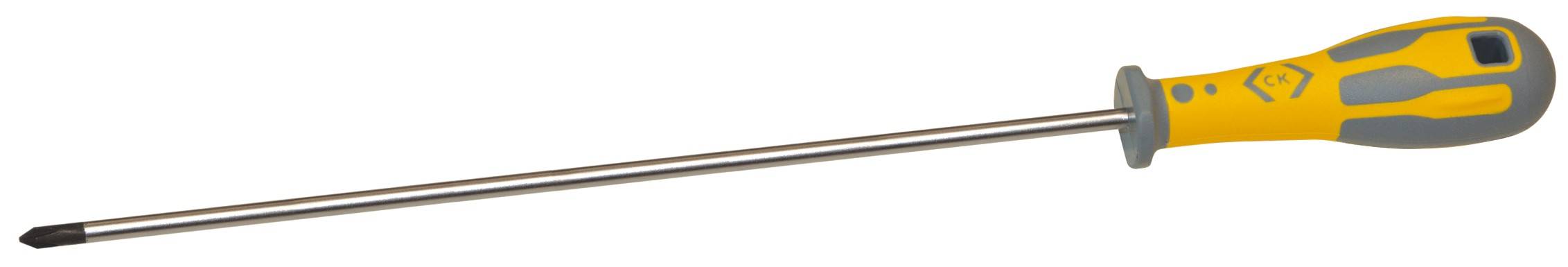 Yellow and grey screwdriver with long metal shaft and cross-head tip, lying down.