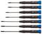 Six small screwdrivers with black handles and blue end caps, lined up in a row.