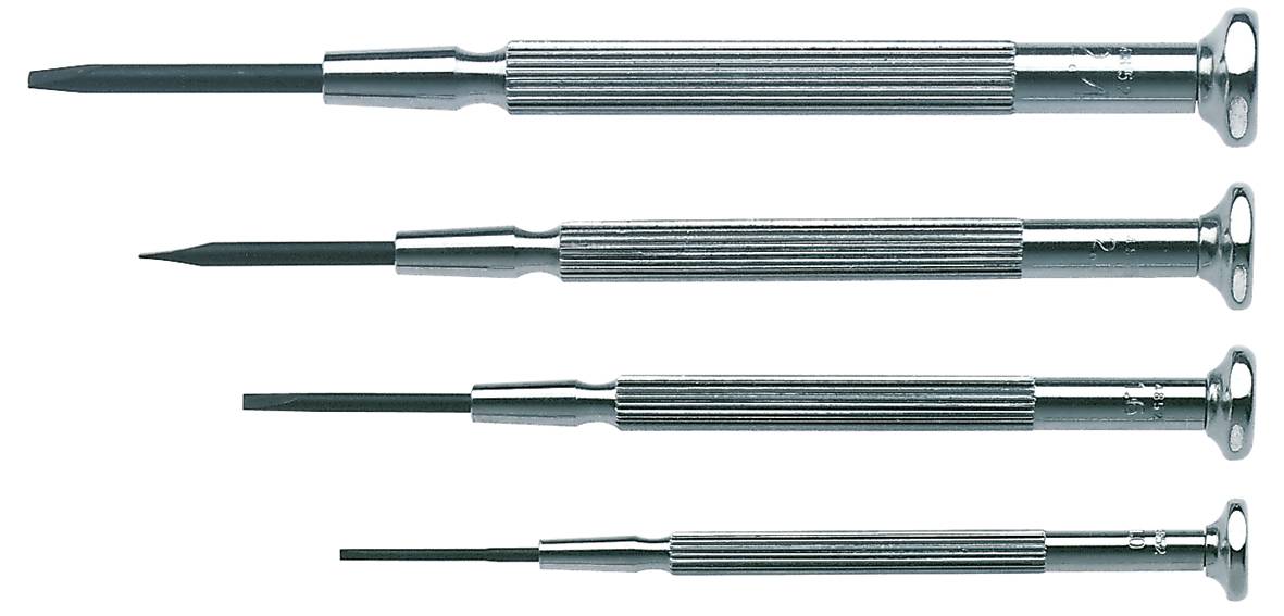 Four silver precision screwdrivers in different sizes, arranged horizontally.
