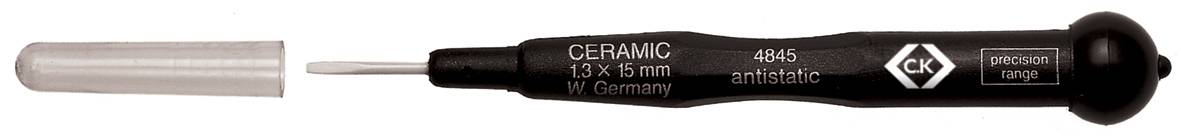 Ceramic screwdriver with a black handle and white tip, positioned next to a transparent protective case. 'CERAMIC' marking and manufacturer's logo visible.