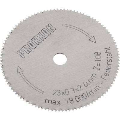 A circular saw blade attachment made of spring steel, marked with 'PROXXON', with two arrows indicating rotation direction, 23x0.3x26 mm, max 18,000/min.