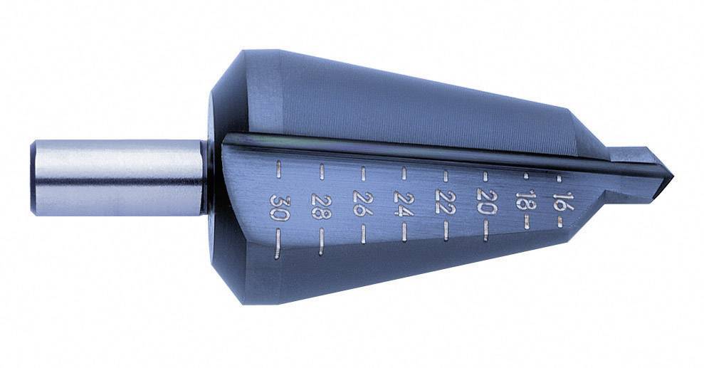 Step drill bit with metal elements, marked with size indicators from 4 to 30 mm.