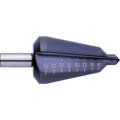 Tapered reamer with numerical scale from 16 to 30, for machining holes of varying diameters in workpieces.