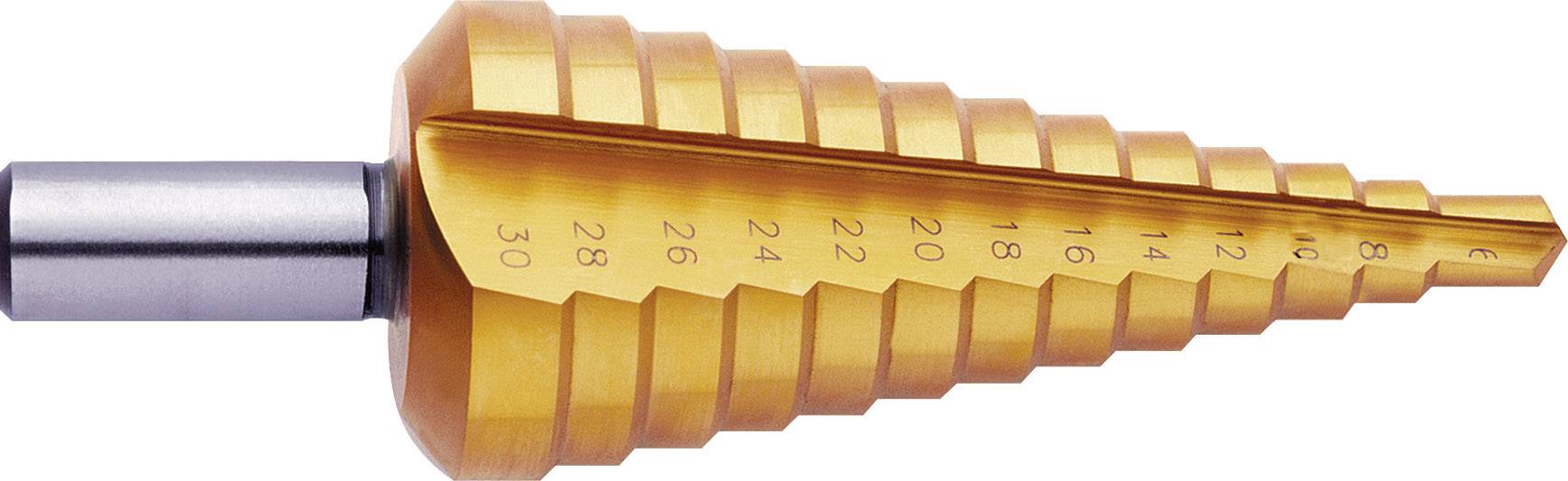 Metal step drill bit, gold-coated, with multiple stepped diameters from 4 to 30 mm.