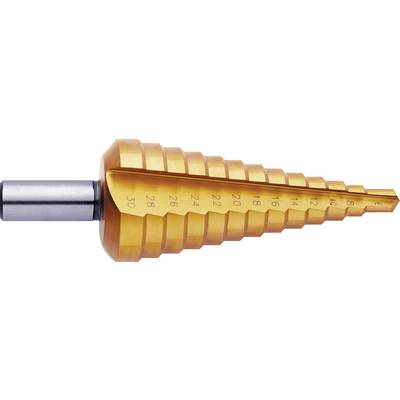 Metal step drill bit, gold-coated, with multiple stepped diameters from 4 to 30 mm.