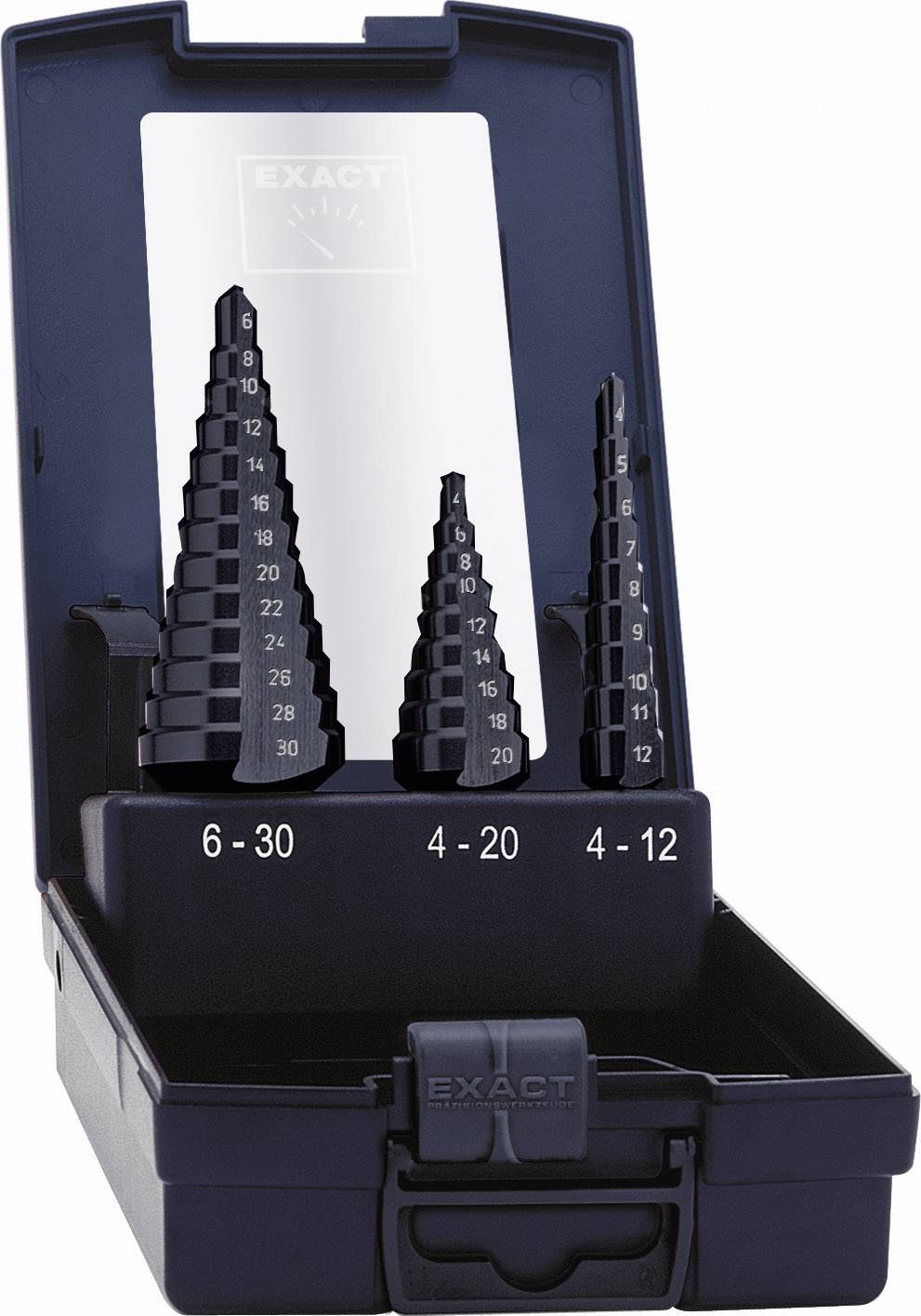 Three stepped drill bits in an open black plastic case, marked with sizes 6-30, 4-20 and 4-12 mm. Brand name 'EXACT' visible.