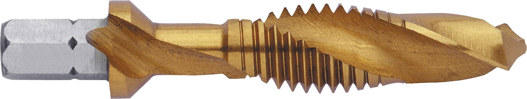A metallic spiral drill bit with a golden coating, suitable for drilling and tapping, shown in close-up.