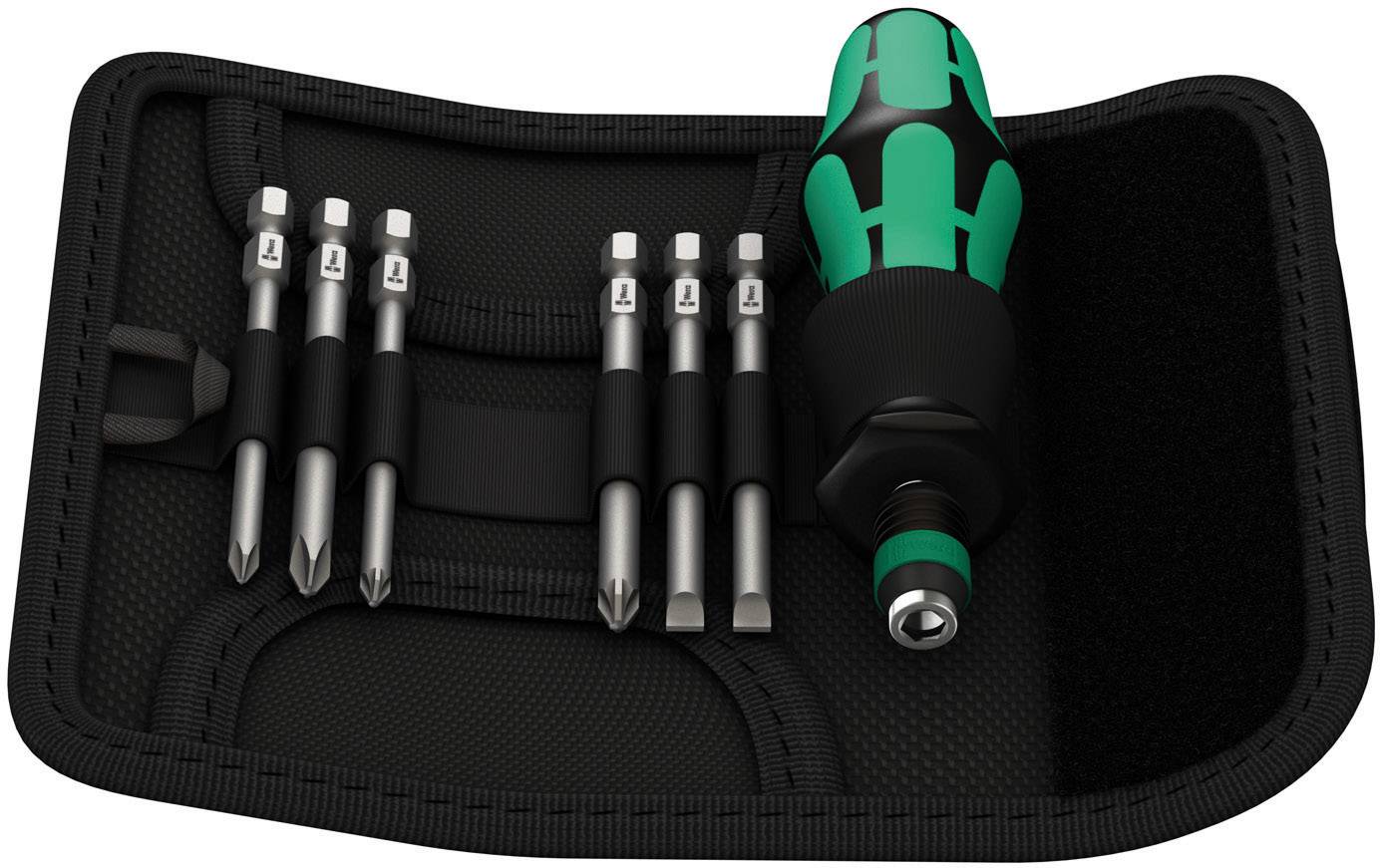 Screwdriver set with green and black handle and six different bits in a black case.