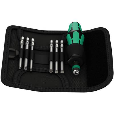 Screwdriver set with green and black handle and six different bits in a black case.