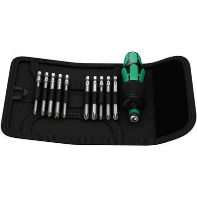 A set of screwdriver bits and a screwdriver in an open black case. Seven bits of various shapes and sizes.