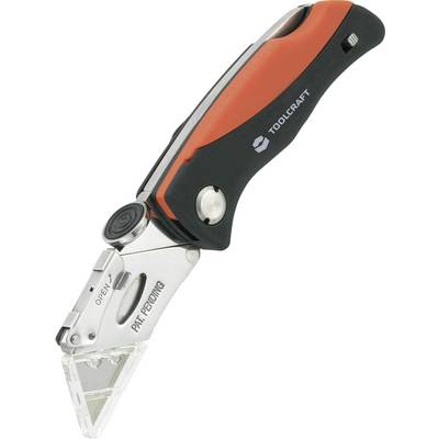 Foldable multi-tool with ergonomic handle, black and orange, brand 'Toolcraft'. Metal blade with safety lock.