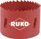 Red hole saw with 'RUKO' inscription, serrated cutting edge, cylindrical shape, suitable for precise drilling work in various materials.