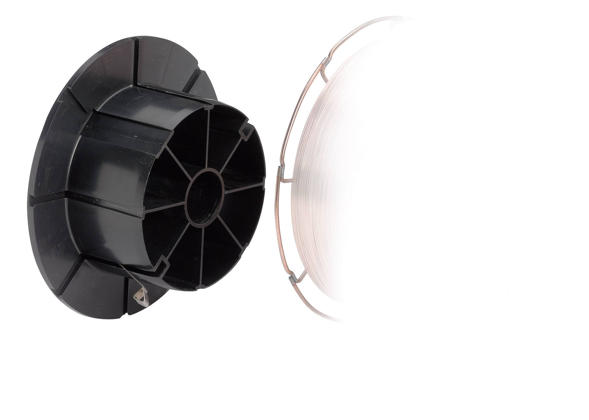 A half-full reel of thin wire wound around a black, cylindrical sleeve, against a white background.