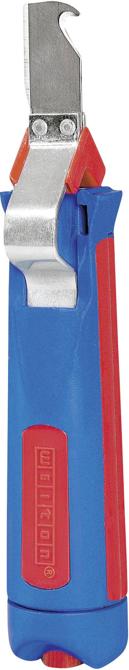 A blue and red cable stripper with a metal blade on top, for removing cable insulation.