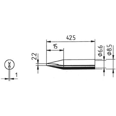 Technical drawing of a plug with dimensions. Length 42.5 mm, diameter 6.6 mm and 8.5 mm, minor details shown on the left.
