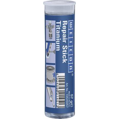 'Weicon Repair Stick Titanium', 57g Tube, shows applications: Pipe repair, threaded connections, flange joints. Made in Germany.