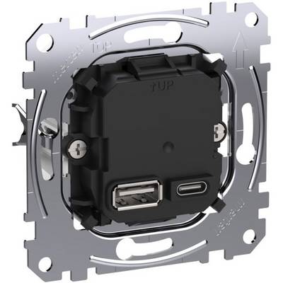 A power socket with USB-A and USB-C ports, mounted on a silver metal frame, suitable for wall installation.