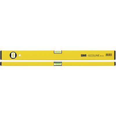 A yellow spirit level with the inscription 'BMI Ecoline 40 cm', two vials, one for horizontal and one for vertical alignment.