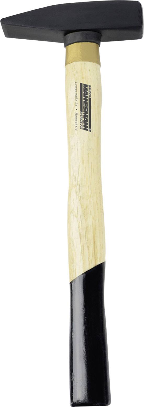 A hammer with a wooden handle and a black head and black grip end is depicted.