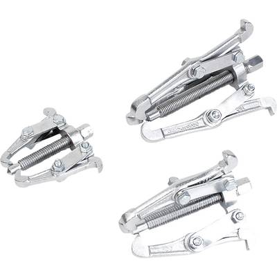 Three metal pullers in different sizes on a white background. The puller has two arms and is suitable for removing bearings.