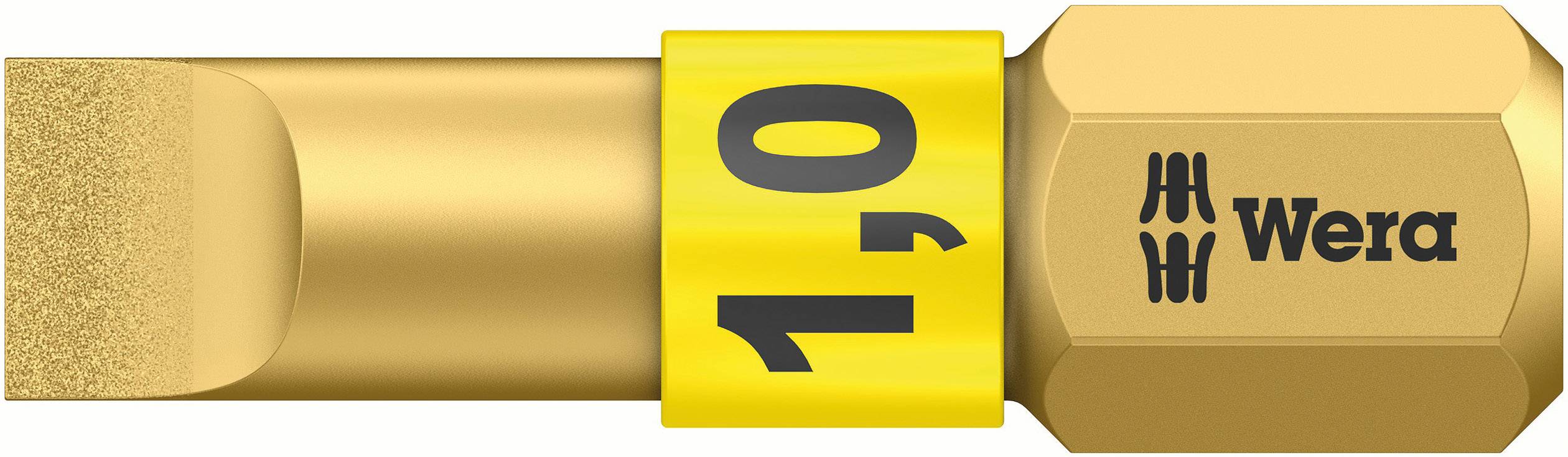 A yellow slotted screwdriver bit from Wera with the marking '1.0x5.5'.