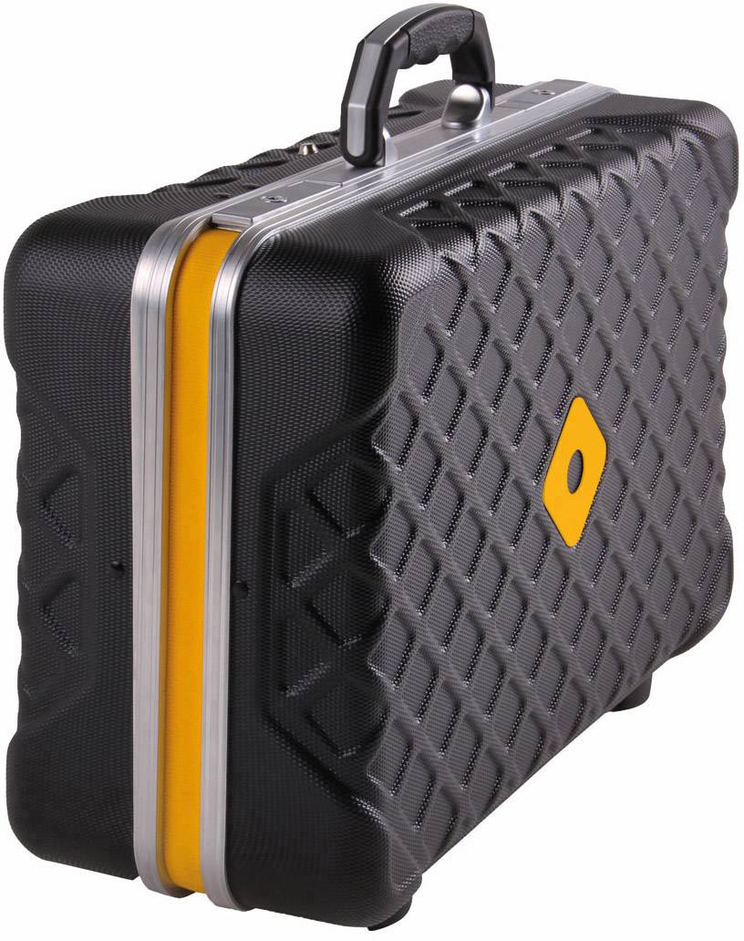 A black suitcase with a geometric pattern and an orange stripe in the middle. It has a silver handle at the top.