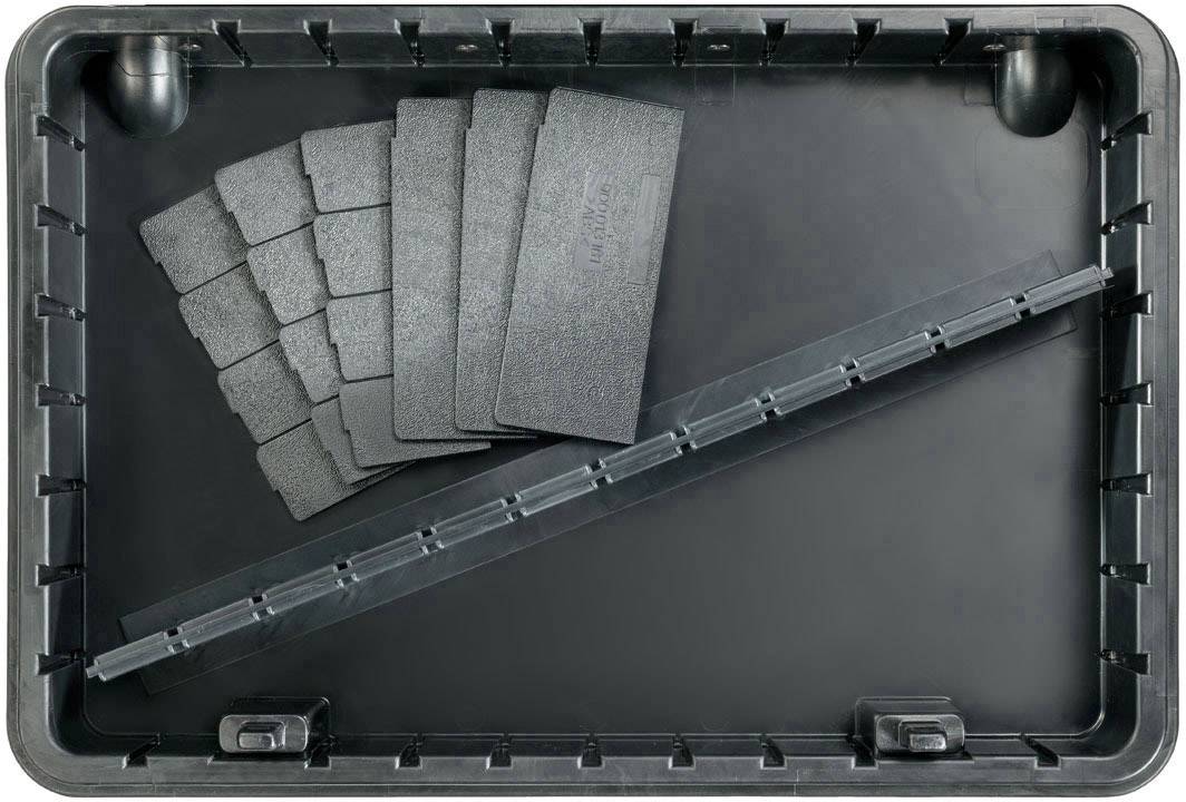 A vacant, black storage container with multiple padded dividers designed for organising items.