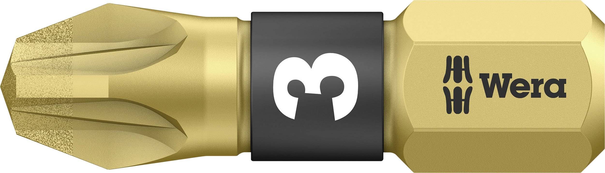 Screwdriver bit with a gold-plated tip and black ring, featuring a white logo graphic and the 'Wera' text.