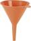 Orange plastic funnel for pouring liquids into narrow openings.