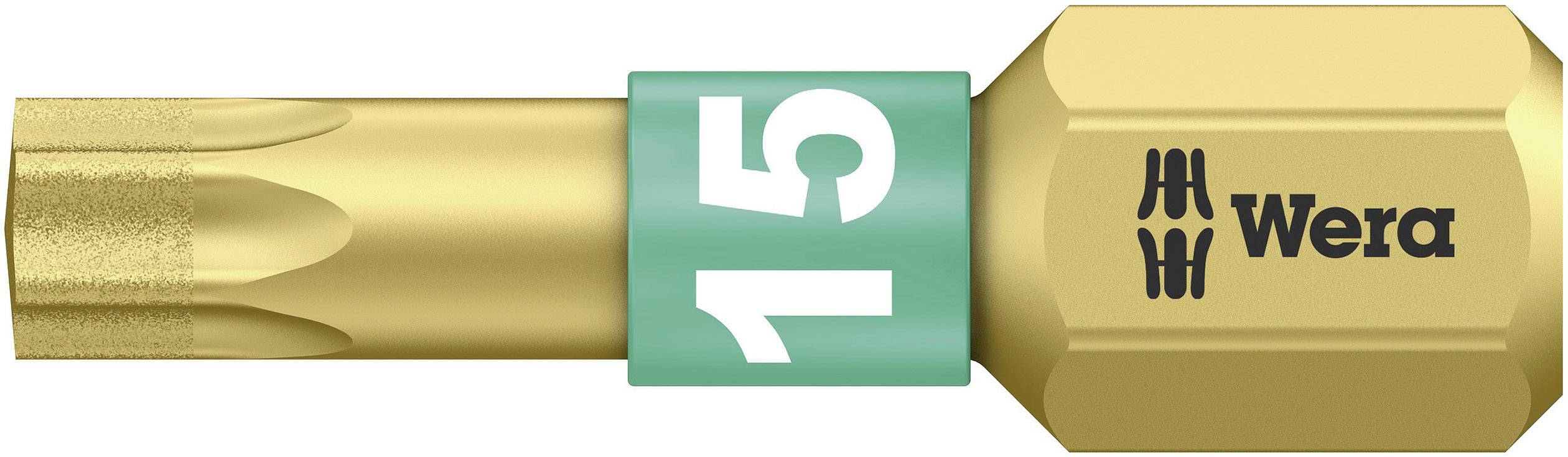 A golden Wera screwdriver bit with the marking '15' on a turquoise ring.