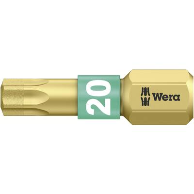 Wera screwdriver bit in gold, size 20, with ridged tip and green ring for improved grip.