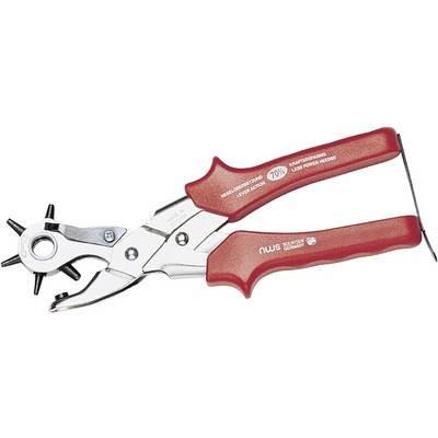 Hole punch with red handle, suitable for punching various hole sizes in materials such as leather or fabric.