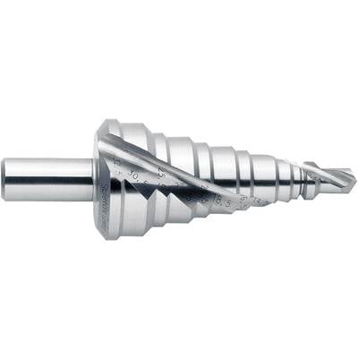 A silver stepped metal drill bit with multiple graduated cutting edges, with size markings engraved on them. Ideal for drilling holes of various diameters.