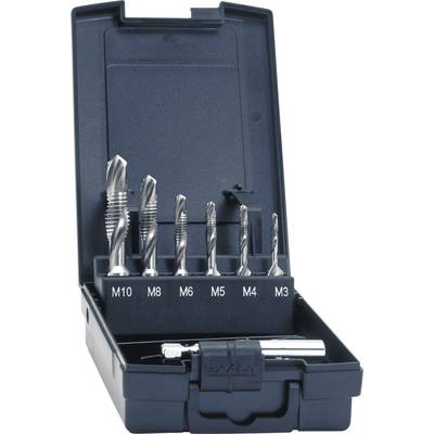 A set of metal drill bits in a black box, sorted by size from M3 to M10, with a handle in the lower compartment.