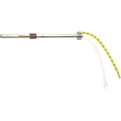 A long, cylindrical electrical heating element with two extending wires in a yellow-green insulating sheath, designed for secure earthing.