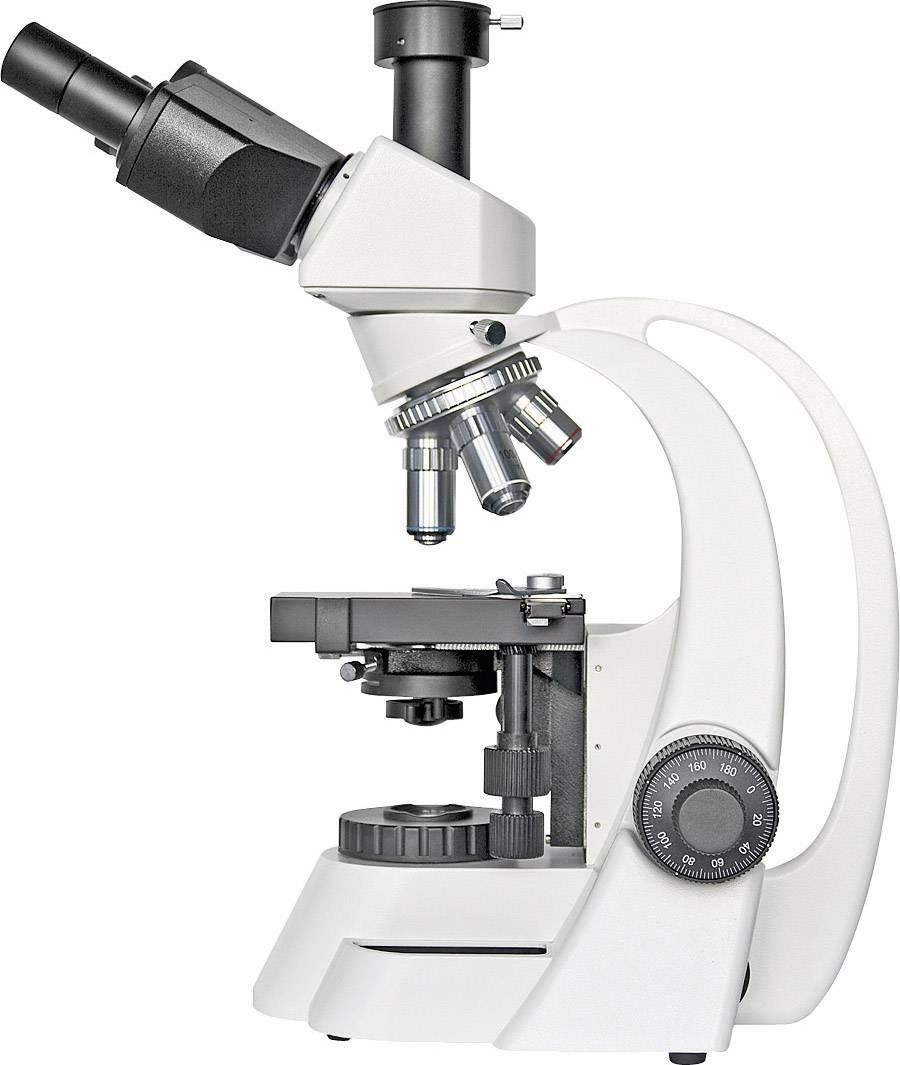 A white microscope with multiple objectives is shown from the side. It is primarily used in scientific investigations.