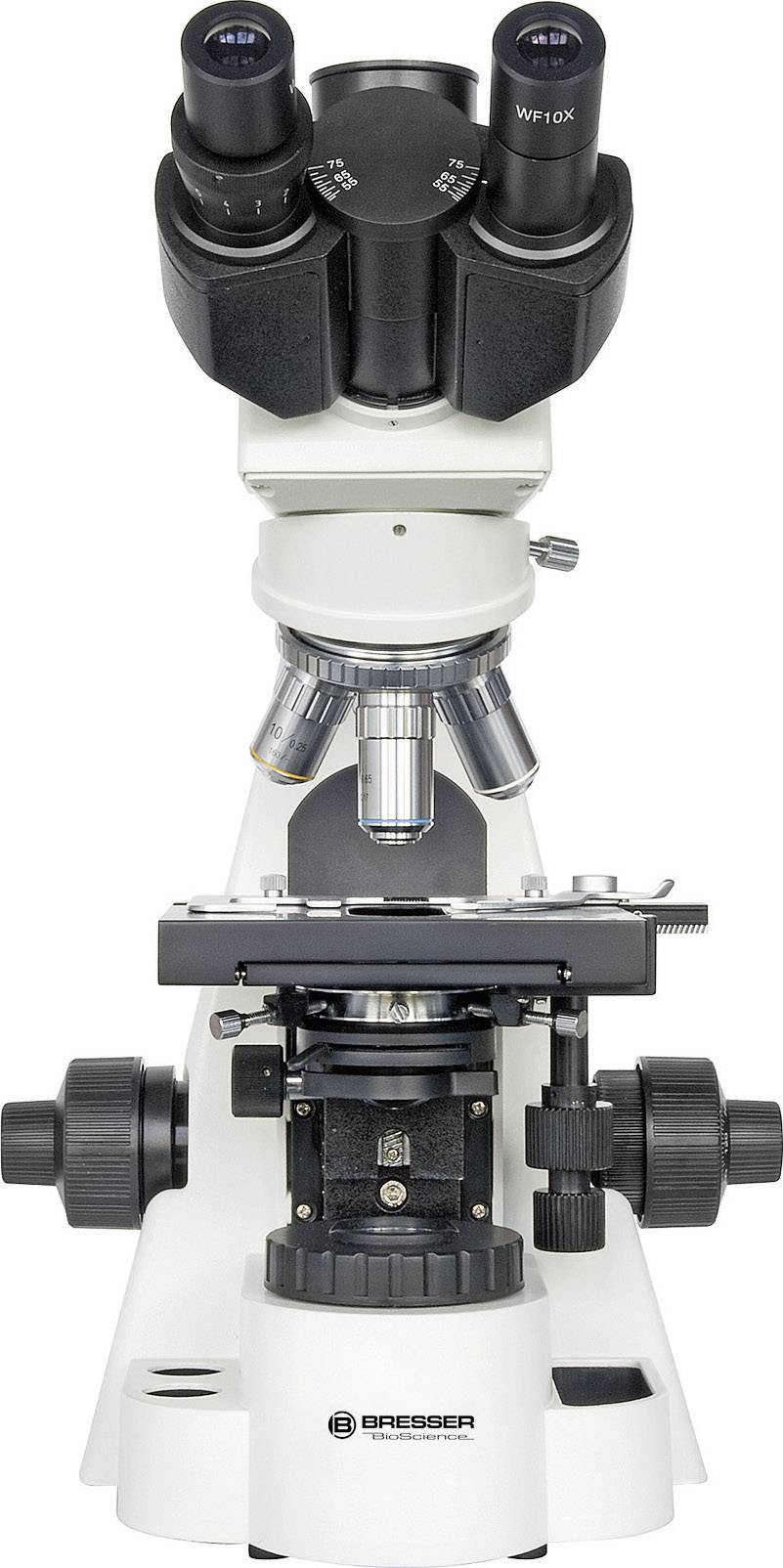 A white microscope with two eyepieces and several objectives underneath. Designed for detailed scientific investigations.