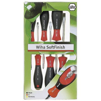 A set of six Wiha SoftFinish screwdrivers in various sizes, presented in packaging.