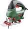 A green Bosch jigsaw, model PST 800 PEL, with a red handle and protective cover, on a white background.