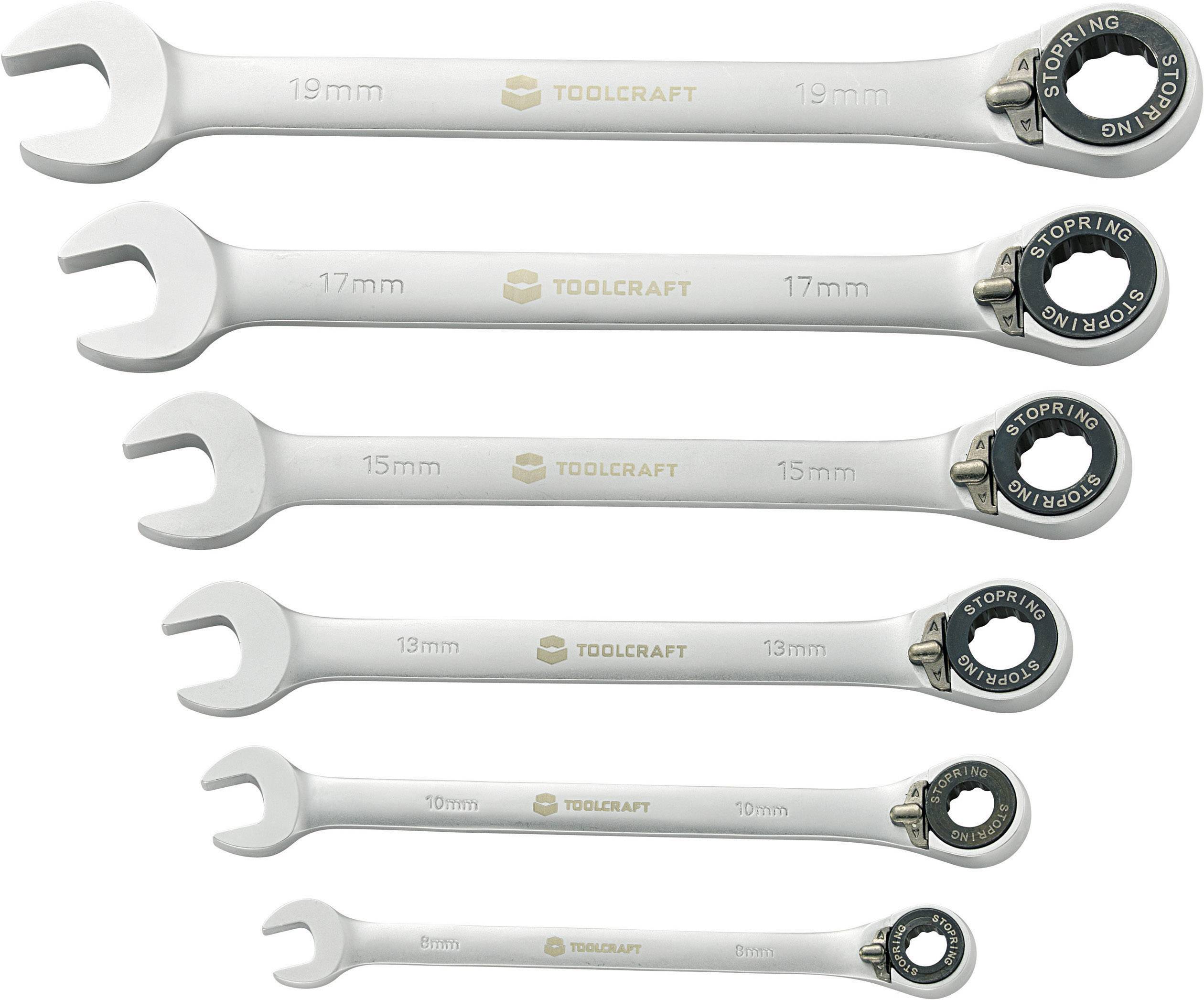 Six metal ring spanners of various sizes ranging from 8 to 19 mm, with 'TOOLCRAFT' logo and some with ratchet functionality.