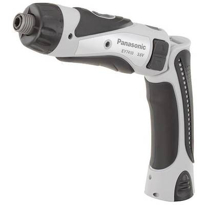 Cordless drill, black and white, pictured from the side. Brand name visible on the side of the tool.