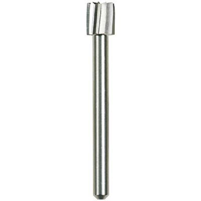A silver, cylindrical metal milling cutter with straight cutting edges and a knurled head, a typical tool for metalworking.