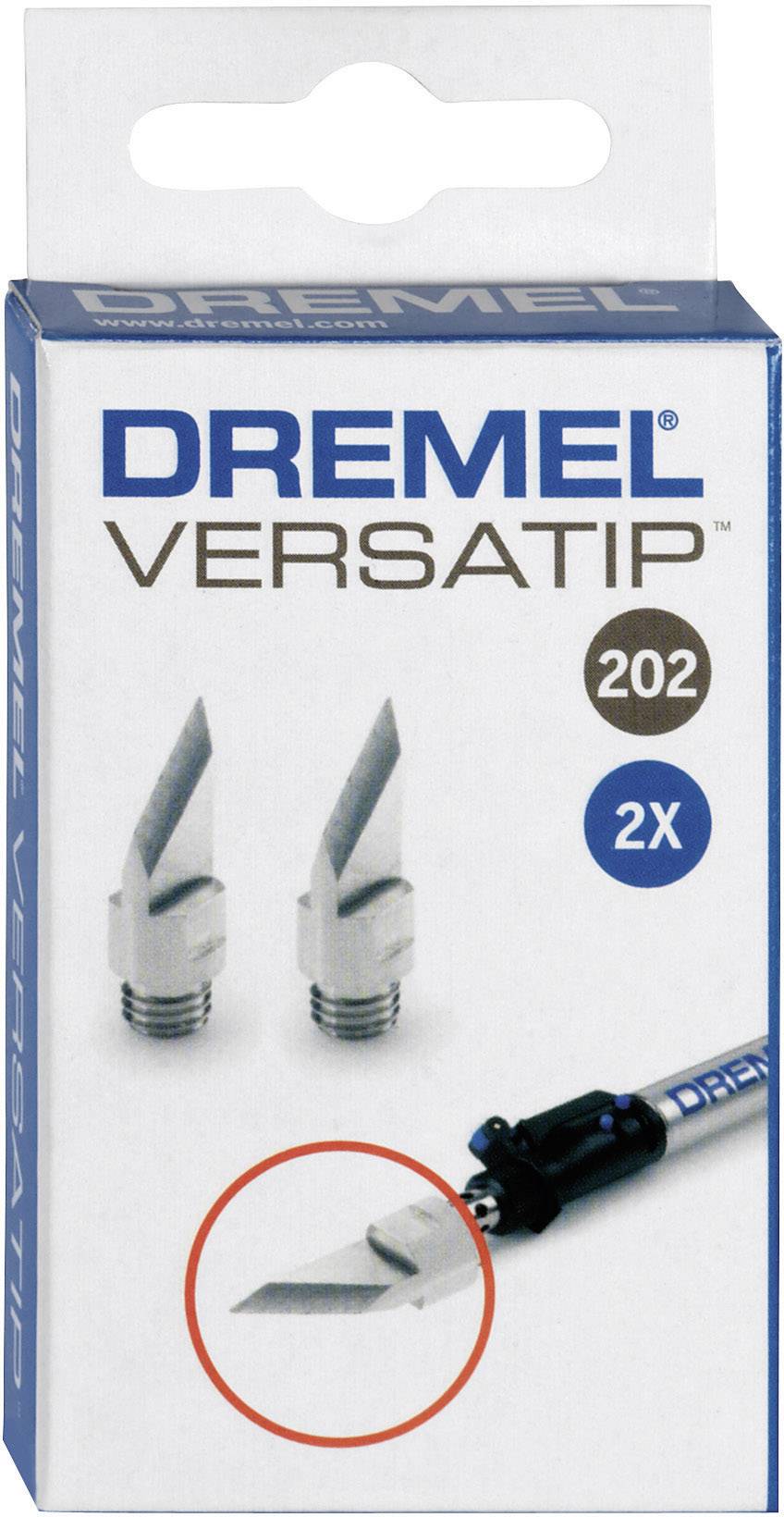 Packaging for the Dremel Versatip 202 with two replacement tips. Includes the '2X' indication and an image of the tips and device below.